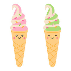 Cute ice cream cones sprinkles with on white background. Funny smile faces. Kawaii cartoon style. Flat vector illustration.