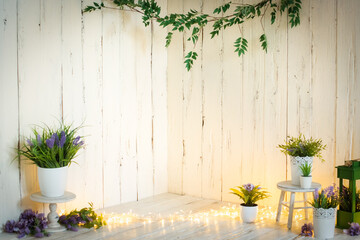 beautiful, bright photo zone for a photo session of a child. background for postcards. wooden wall, flowers, lavender