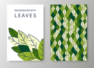 A set of posters for advertising, invitations, cards from colorful leaves. Summer background for sales, congratulations. Geometric flat design. Place for your text. Vector illustration