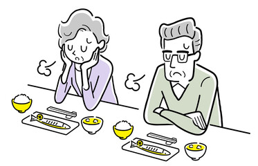 ベクターイラスト素材：食欲がないシニア男性とシニア女性、夫婦
