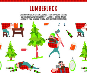 Lumberjack and lumberjack with beard concept and matching thin line icons: lumberjack gmtn beer resting after work. Vector illustration for banner, web page, print media.