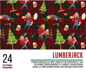 Lumberjack and lumberjack with beard concept and matching thin line icons: lumberjack gmtn beer resting after work. Vector illustration for banner, web page, print media.
