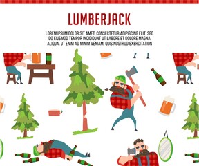 Lumberjack and lumberjack with beard concept and matching thin line icons: lumberjack gmtn beer resting after work. Vector illustration for banner, web page, print media.