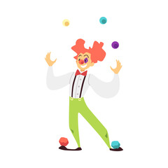 Funny circus clown juggle colorful balls, flat vector illustration isolated.