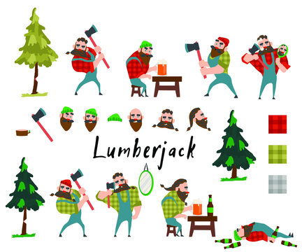 A lumberjack in various positions holds an ax in his hands. Vector images isolated on white. Lumber with tree, lumberjack cartoon character illustration