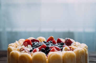 Festive cake decorated with bright forest berries and savoyardi cookies.