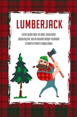 lumberjack in flonnel shirt at work, cartoon flat vector illustration. Vector illustration for banner, social media, web pages, print media.