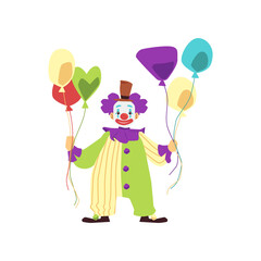 Funny happy clown in colorful costume and makeup hold colorful balloons.