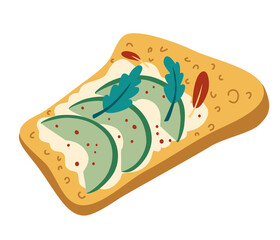 Avocado toast. Healthy breakfast. Toasted bread with avocado and cottage cheese and herbs. Delicious avocado sandwich. Vegetarian food. Hand drawn vector illustration.