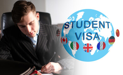 Registration of a student visa. Immigration attorney next to student visa logo. Services for obtaining long-term student registration. Man fills out  paperwork for visa. Study in another country