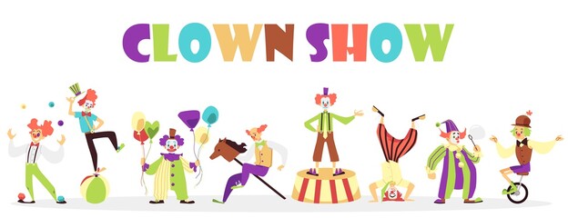 Obraz premium Advertising banner for clown circus show, flat cartoon vector illustration.