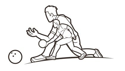 Fototapeta na wymiar Men Playing Bowling Sport Players Bowler Action Cartoon Graphic Vector