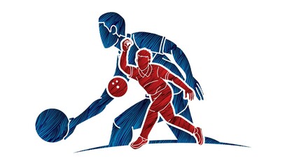 Fototapeta premium Men Playing Bowling Sport Players Bowler Action Cartoon Graphic Vector
