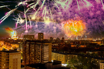 Aerial view of Moscow (night) and festive fireworks during Victory Day (WWII), Russia