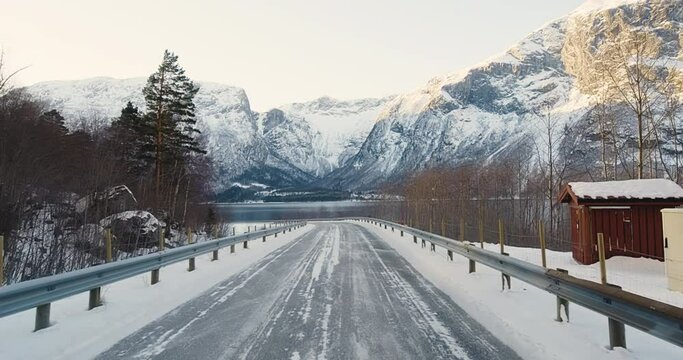 Scenery Of Driving Through The Tunnel With Alpine Mountains In Eresfjord, Norway. wide shot