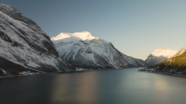 Scenic View Of Lake In Mountains During Winter In Eresfjord, Norway - static shot