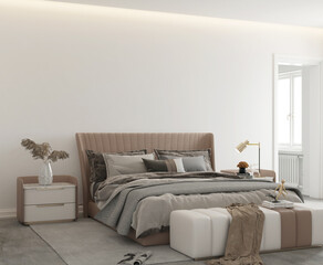 Modern Contemporary Bedroom with blank wall. 3D Rendering.