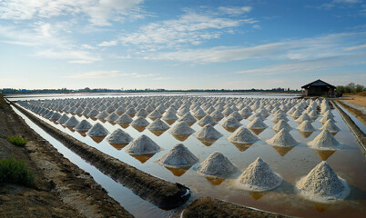 Salt field ready to be harvest in salt farm at Ban Laem-Thailand