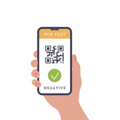 Concept of travelling during Coronavirus. Person holding a phone. An app with QR code as proof of pre-travel PCR swab nasal test. Fit to Fly certificate. Vector flat illustration isolated on white.