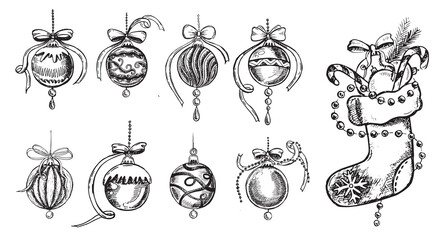 Christmas toys in sketch style. Hand drawn illustration. Vector.	