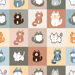 Seamless Pattern with Cartoon Cat Illustration on Colorful Plaid Design