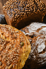 Closeup view of assortment of cereal bread made of different seeds