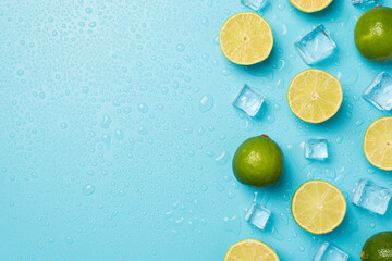 Above photo of heap of limes cubes of ice and drops isolated on the blue background with empty space