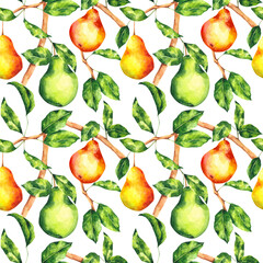 Watercolor pear seamless pattern on white background. Bright fruit tree repeat print. Botanical background for textile, fabric, wallpaper, wrapping paper, design and decor.