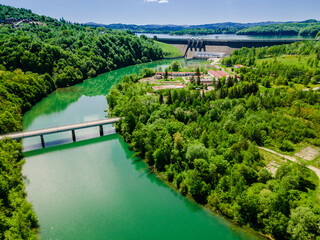 Renewable Green Energy. Hydropower Plant on Solina Lake in Poland. Drone View