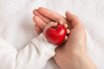 Closeup photo of newborn's tiny hand in mother's hand holding small red heart on isolated white...