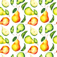 Watercolor pear seamless pattern on white background. Bright fruit repeat print. Botanical background for textile, fabric, wallpaper, wrapping paper, design and decor.