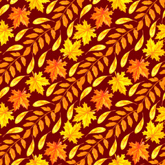 Watercolor autumn leaves seamless pattern. Colorful backgrounds and textures for seasonal design, packaging, home textiles, fabric, thanksgiving theme and happy fall