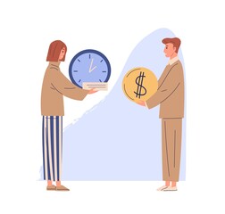Concept of exchanging time for money and getting salary for work. Woman with clocks and man holding dollar coin to pay for job. Flat vector illustration of employer and employee isolated on white