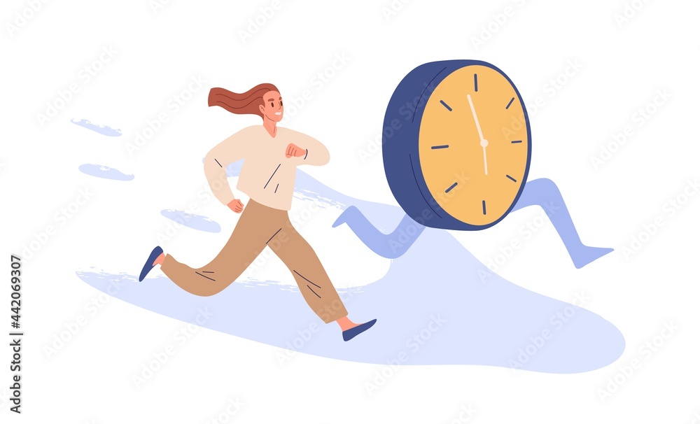 Aufkleber Concept of deadline and time pressure. Busy person and clocks running. Office worker trying to keep up with schedule and plan, doing it under the wire. Flat vector illustration isolated on white
