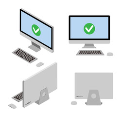Four angles 3d desktop computers set - check mark icon screen
