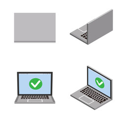 Four angles 3d laptop computers set - check mark icon screen