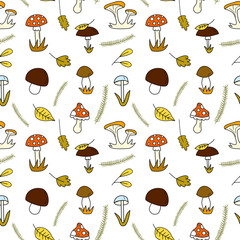 Seamless doodle pattern with forest mushrooms and autumn leaves and spruce branches. Hand drawn vector illustration for fabric, textile, banner etc