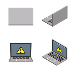 Four angles 3d laptop computers set - warning icon screen