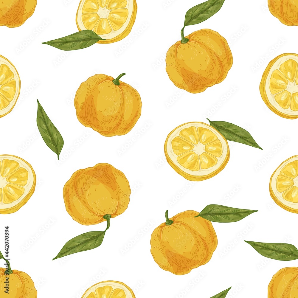 Poster Seamless tropical pattern with yuzu and leaves on white background. Endless repeatable texture with yellow Japanese citrus fruits for wrapping. Colored hand-drawn vector illustration for printing