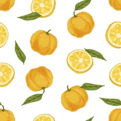 Seamless tropical pattern with yuzu and leaves on white background. Endless repeatable texture with yellow Japanese citrus fruits for wrapping. Colored hand-drawn vector illustration for printing