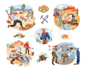 Diggers and miners in Gold Rush times set. Old and young prospectors digging sand, searching diamond nuggets using tools and water equipment vector illustration. Western icons of workers