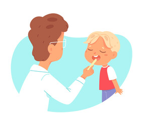 Paediatrician doctor looking at sore throat of little child in clinic. Physician doing check up on small happy boy vector illustration. Consultation in medical examination room scene