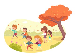 School kids going to study in autumn. Happy boys and girls walking in park. Learning and primary education vector illustration. Cute schoolchildren in September with bags and books