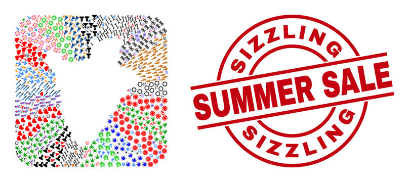 Vector mosaic Burundi map of different icons and Sizzling Summer Sale seal stamp. Mosaic Burundi map designed as carved shape from rounded square shape.