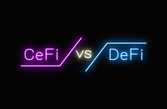 purple and blue neon written CeFi vs DeFi on black back