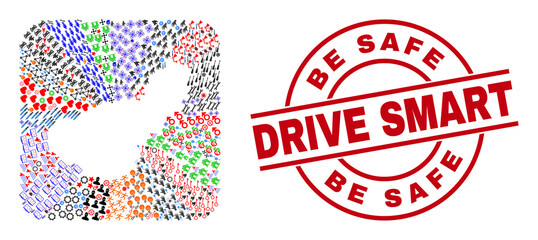 Vector mosaic Granada Province map of different pictograms and Be Safe Drive Smart seal stamp. Collage Granada Province map designed as carved shape from rounded square shape.