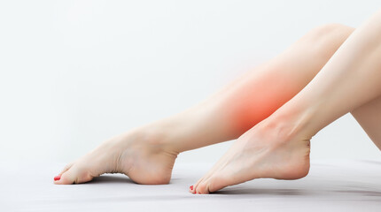 Woman legs on the bed with white bed clothes