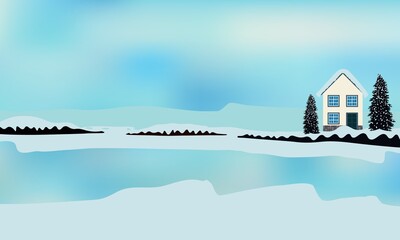 House with fir trees on a lake covered with snow. Beautiful winter scene with frozen water and snowdrifts.