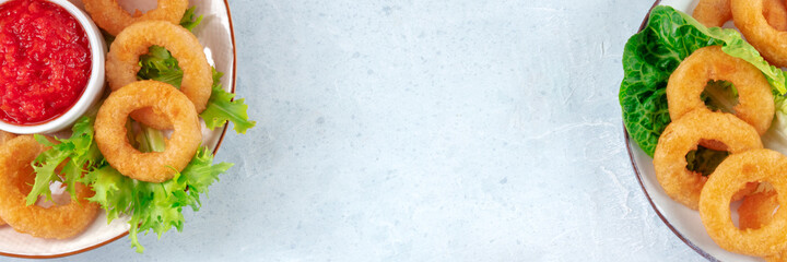 Calamari rings panorama with copy space. Deep fried squid rings panoramic banner with wine and...