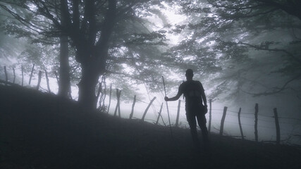 Obraz na płótnie Canvas Mountaineer in a forest, in the fog